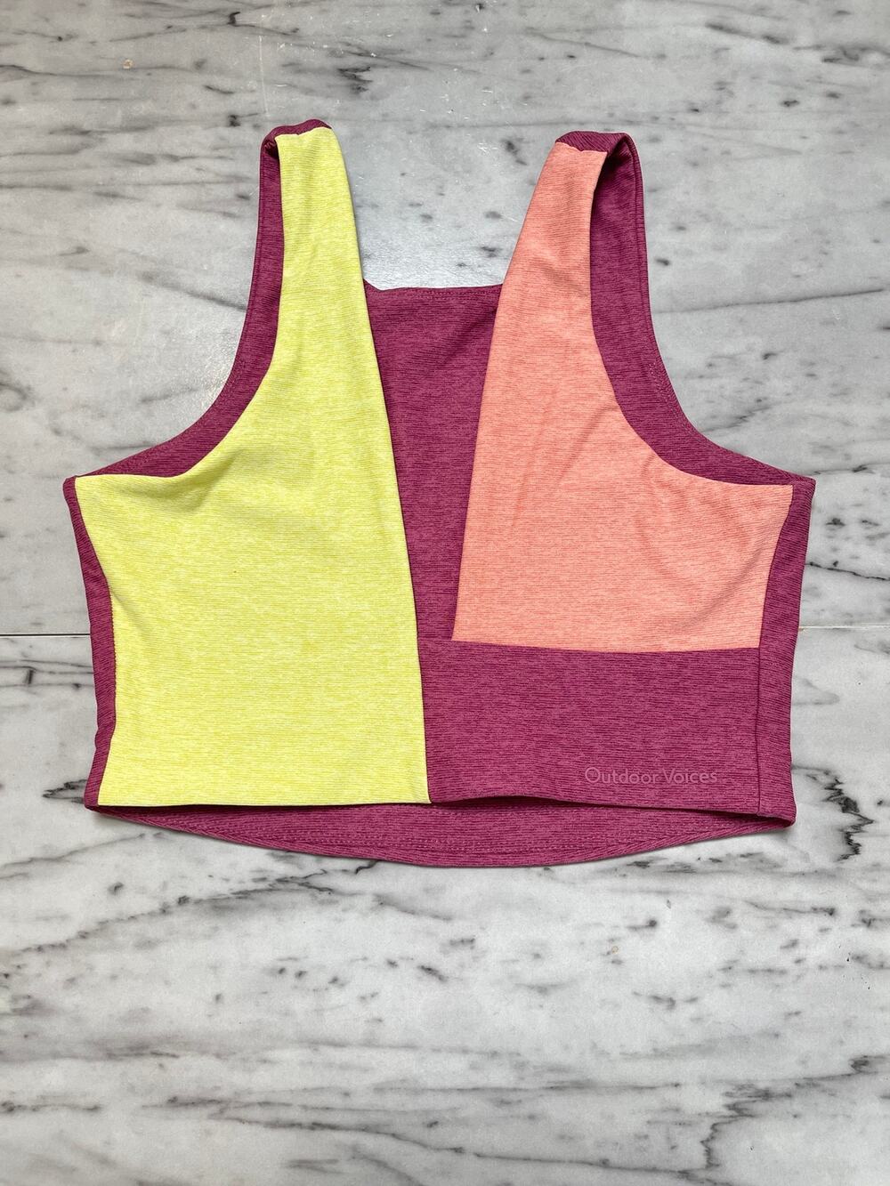 Outdoor Voices Colorblock V Neck Sports Bra Size Small Pink Neon Yellow Peach